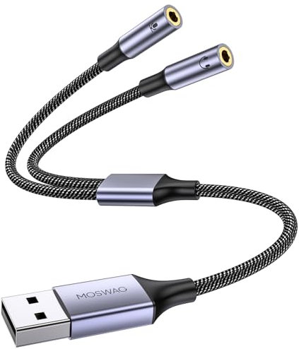 MOSWAG USB Audio Adapter, Headphone Microphone usb Aux converter, USB to Dual 3.5mm Audio Jack Adapter Cable, External Sound Card for Windows Mac PC Laptops