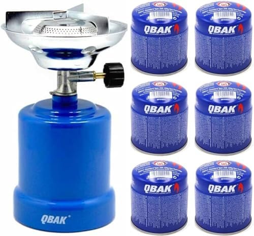 DISPAU QBAK- Hornillo Camping Gas Cocina Portátil + 6 Bombonas 190g para Acampada, Campo, Playa, Montaña, Quemador con Regulador de Gas Butano