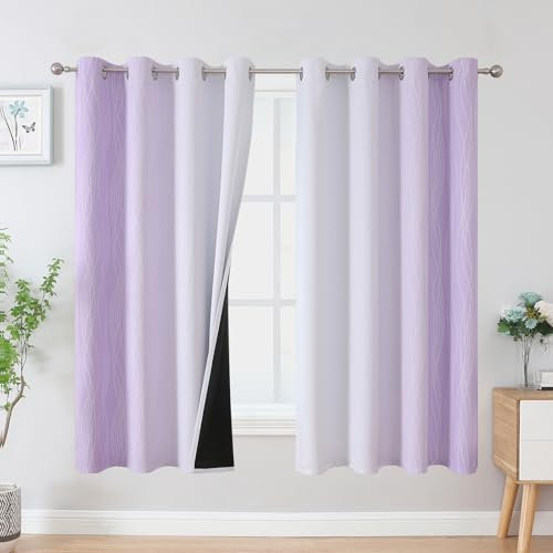 VEHEDE Ombre Lila und Weiß Farbverlauf Thermovorhang Kälteschutz, Thermo Verdunklungsvorhänge Wohnzimmer Blickdichte Vorhänge mit Ösen, Raumteiler Vorhang 160 cm Hoch, H 160 x B 132 cm, 2er Set