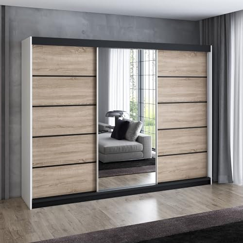 A&J MöbelLand Schwebetürenschrank VILANO 4, 3-türig Schrank 200 cm Kleiderschrank mit 4 Schubladen, und Spiegel (Weiß, Schwarz, Somona) (Weiß/Sonoma/Sonoma)