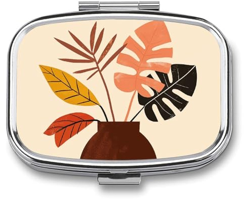 Leaves in Vase Pill Case Portable Lightweigh Pill Box with Mirror 2 Compartment Medicine Tablet Vitamin Holder Organizer for Pocket Purse Travel Gifts