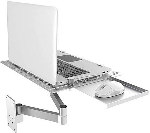 Monitor and Laptop Holder, Wall Mount Laptop Arm, Wall Mount Holder Ultra Long Arm Stand with Mouse Tray, Ventilated Cooling Platform, Laptop Tray, Full Motion Articulating Notebook Tray, Weight Capa