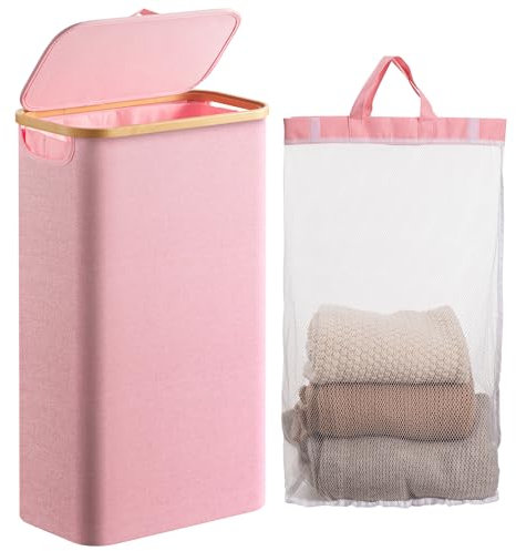 Famyards Panier à linge avec couvercle, panier à linge fin de 60 l avec poignées en bambou et sac intérieur amovible, panier à linge pliable pour salle de bain, chambre à coucher, dortoir (rose)