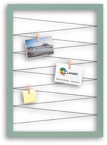 CLAMARO Bilderrahmen Collage Flex, 50 x 70 cm, Salbei, mit 20 Holzklammern | MDF-Holzrahmen vollummantelt, vorgespannte Gummileine, Echtholz-Fotoklammern, Wandaufhänger, für Fotos, Postkarten, Notizen