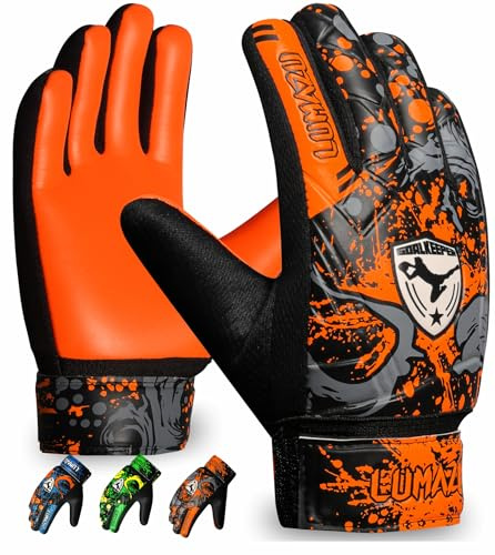 LUMAZU Youth Soccer Goalkeeper Gloves Kids Adult (Orange, Size 5 suitable for 9 to 12 Years Old)