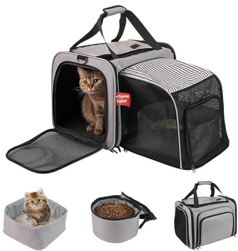 Expandable Large Cat Carrier with Litter Tray - LitaiL Soft Cat Travel Carrier for Car, Travel Litter Box for Cats, Mesh Cat Travel Carrier Bag Up 20 lb for Hiking, Camping, Long Road Trip