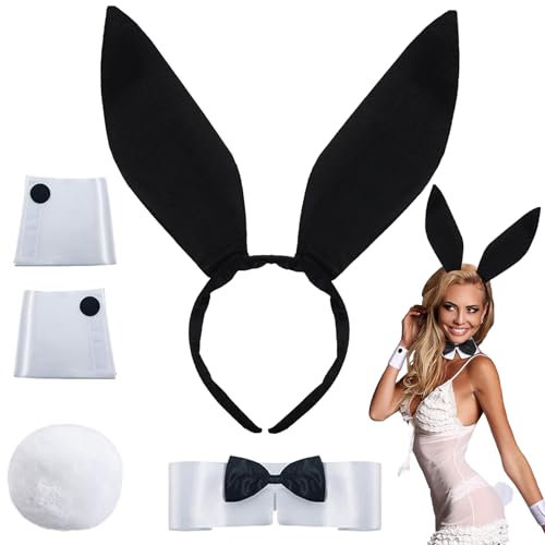 XIEXIESHER 5 Stück Damen Bunny Kostüm Set, Hasenohren Haarreif Fliege Manschetten Schwanz, Bunny Girl Cosplay Kostüm für Damen Ostern Halloween Karneval Cosplay Party(Schwarz)