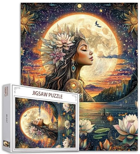 Girl with Flowers Jigsaw Puzzles 1000 Pieces for Adults,Families(Goddess,Full Moon,Woman,Lotus Floral) Pieces Fit Together Perfectly 19.7''x27.6''inch Moutain Performance Frameable Magic Puzzle Art