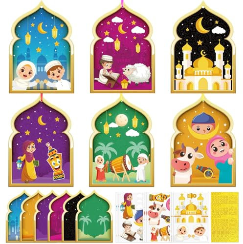 LAMEK 18 Sets Ramadan Bastelsets Kinder Ramadan Mubarak Kunsthandwerk zum Basteln Eid Mubarak Kreativsets mit Design Mond Moschee Geschenke für Jungen Mädchen Islamic Muslim Islamische Dekoration