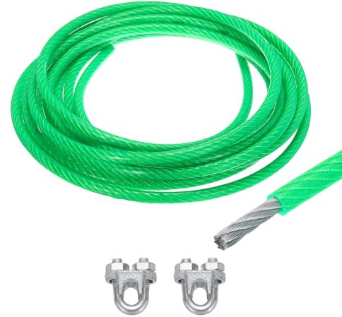QUARKZMAN 10mm (3/8) Cavo Acciaio Rivestito Verde, 6m/20ft Cavo Acciaio Zincato con 2Pz Manicotti a Anello M10 Morsetti Stendibiancheria per Appendere Luci Corda, Ringhiere Ponti