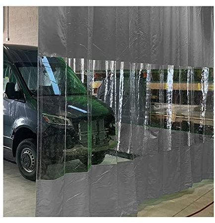 Rideaux de séparation de garage en vinyle industriel gris avec panneaux de bâche transparente pour portes de maison, gèrent facilement l'espace de garage et divisent les zones de travail, taille