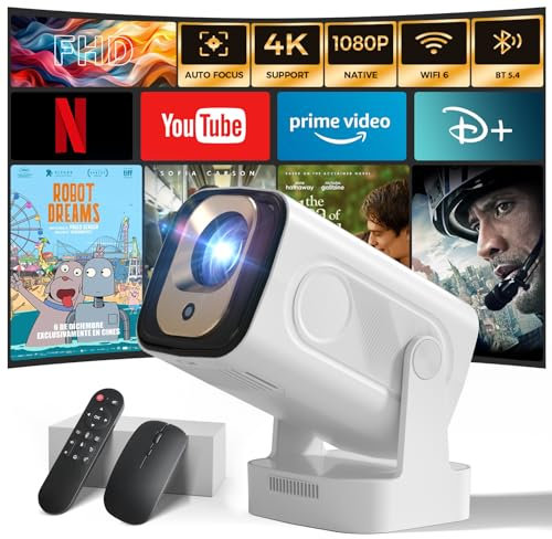 Vidéoprojecteur 2025 [Auto Focus & 1080P Natif & Apps intégréess] Rétroprojecteur 4K Auto Correction WiFi 6 BT 5.4 Mini Projecteur Portable Compatible avec HDMI/TV Stick/Memory Stick/Laptop, Blanc