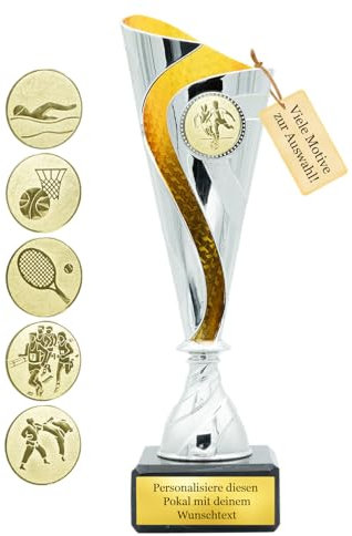 Pokal mit Wunschtext – 20 cm - Gold-Rot, Silber-Blau oder Silber-Gold – inkl. Gravurschild und Emblem - Trophäe für Sport, Geburtstag, Firma, Schule, Kinderwettbewerb (Silber-Gold)