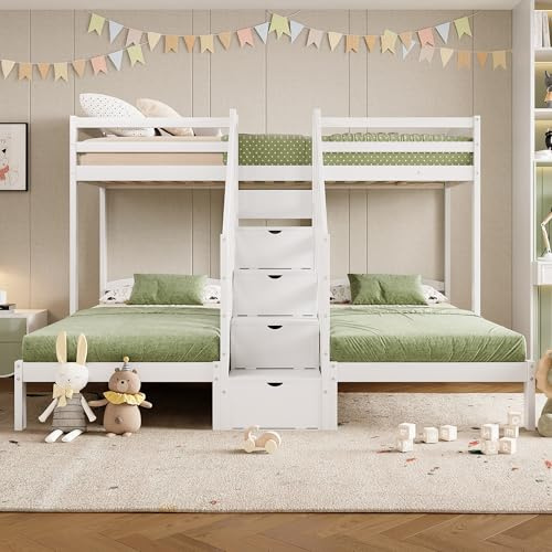 Dreierbett Etagenbett 90x200 für 3 Kinder, Dreifaches Hochbett mit Treppe und Stauraum, Kinderbett Funktionsbett Stockbett Jugendbett mit Rausfallschutz & Lattenrost, Kiefernholz, Ohne Matratze, Weiß