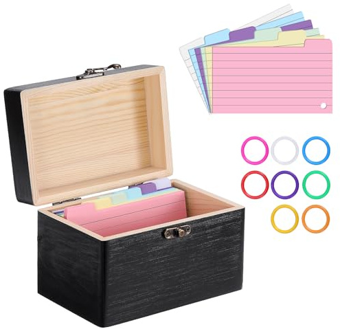 BSTKEY 1 x Karteikartenbox aus Holz, 7,6 x 12,7 cm, für Zuhause, Büro, Rezeptkartenhalter, Arbeitsplatte, Namenskarten-Aufbewahrung mit 150 Notizblättern und 8 Ringen (schwarz)