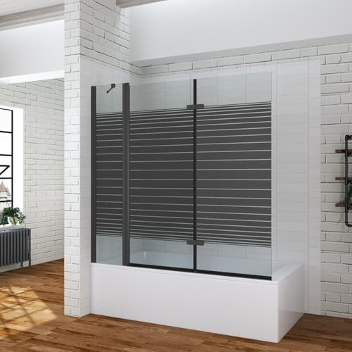 Duschwand für Badewanne 150x140 cm 3 Teilig faltbar schwarz Badewannenaufsatz Dusche Glas Badewannenfaltwand mit Wand feststehend Duschablage Eckregale 5 mm Sicherheitsglas klar ESG NANO Beschichtung