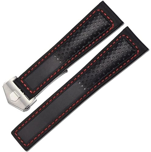 FZXCG Echtes Lederarmband 22 mm für Tag Heuer F1 Armband, rote Nähte, Armbanduhren, Faltschließe, Lederarmband(Black red silver)