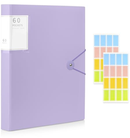 A4 Display Folder, 60 Pockets Display Book Folders, Presentation Folders with Plastic Sleeves & Safety Rope, Suitable for Documents, School, Office & Business Project Use (Light Purple)