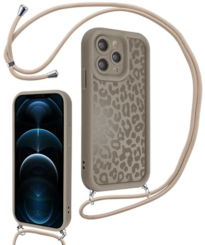 Xylota Handyband für iPhone 12 Pro Hülle mit Band, Silikon Aesthetic Leopard Muster Design Handyhülle mit Kette Kordel Schlüsselband, Mädchen Schutzhülle für iPhone 12 Pro 6,1'' zum Umhängen, Braun