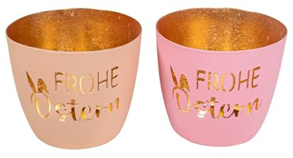 Windlicht Frohe Ostern (2er Set) orange, pink aus Metall H:8,5 cm - Tischdeko Osterzeit, Frühling, Teelichthalter, Kerzenhalter, Deko Garten, Terrasse
