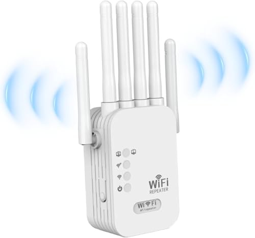 WiFi Extender Booster, 1200 Mbps Dual-Band WiFi Booster with Ethernet Port, 6 Antenna WiFi Repeater for Home and Office, Quick Setup, UK Plug (white)