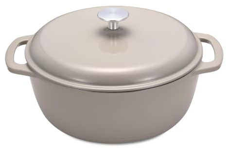 Amazon Basics Cast Iron Casserole Dish with Lid, Enamelled, Round, Heavy-Duty, 4.1 L, Linen Grey