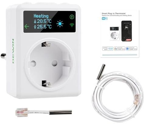 DEWIN Inteligente Enchufe de Termostato con Sonda, 2.4GHz WiFi Controlador de Temperatura de termostato de Enchufe 220V 16A Calefacción y Refrigeración Compatible con Control Remoto y Control por Voz