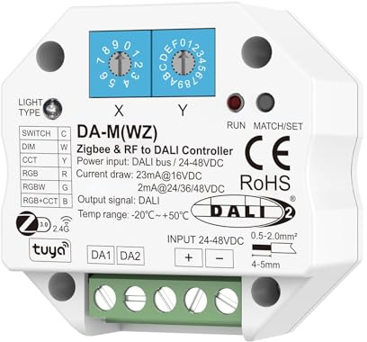 Convertisseur Zigbee RF vers DALI, compatible avec Tuya APP et Philips Hue, contrôleur 6 en 1 pour monocouleur CCT RGB RGBW RGB+CCT, 1 adresse, alimentation par bus 15 mA@16 VDC ou 2 mA@24VDC