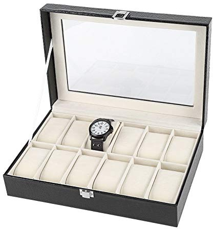 Fdit Grande boîte à montres en cuir synthétique à 12 emplacements pour montres et bijoux - Avec couvercle en verre et verrou en métal - Pour homme et femme (noir)