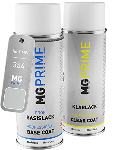 MG PRIME Autolack Sprühdosen Set für BMW 354 Titansilber Metallic/Titanium Silver Metallic Basislack Klarlack Spraydose 400ml
