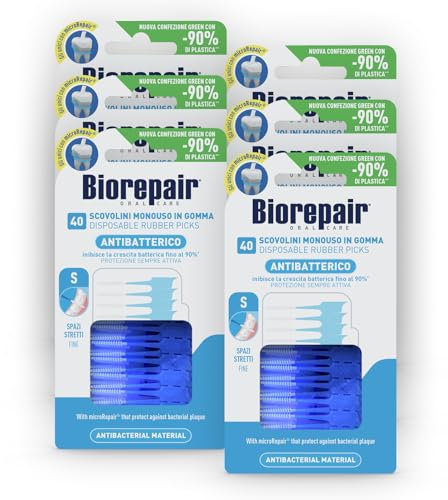Biorepair, 40 Scovolini Monouso in Gomma, 6 x 40 Scovolini Dentali, Formato Fine, Ideali per Spazi Stretti, con MicroRepair, Inibiscono la Crescita Batterica Fino al 90%, Aroma Menta Fresca