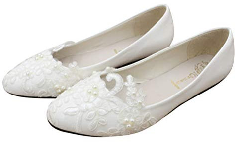 Fenical Spitze Hochzeit Schuhe Spitze Perle Blume Hochzeit Braut flache Schuhe für Frauen 1 Paar Größe 39 weiß