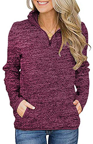 iWoo Damen Casual Stehkragen Sweatshirt Langarm Quarter Reißverschluss Pullover Tops mit Taschen Weinrot XXL