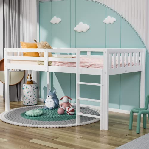 JOYMOR Twin Loft Bed Low Loft Bed Frame for Little Kids Small Room/Low Ceiling Bedrrom with Guardrail and Ladder, White