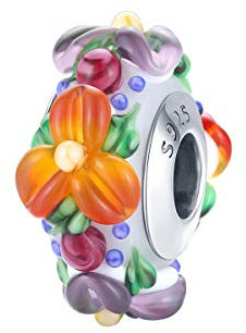 ZiNuo - Abalorio de plata de ley con diseño de flor de Murano compatible con pulseras Pandora, compatible con pulseras europeas, Vidrio Plata cristal flor Plata, Glass