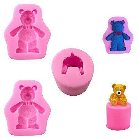 Lot de 3 moules 3D en silicone en forme d'ours mignons pour décoration de gâteau, chocolat, savon