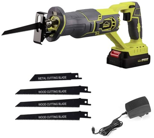 Cordless Reciprocating Saw, DEWINNER Electric Saw Variable Speed 20V, 2.0AH, Tool Free Blade Change, LED Light, Wood Metal Cutting, Tree Pruning, 1 Battery and Charger Include, Green