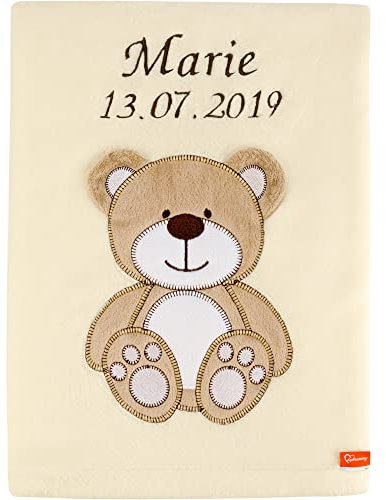 Be Mammy Personalisierte Babydecke mit 3D Applikation Warme Kuscheldecke mit Namen und Geburtsdatum; Perfektes Baby Geschenk; Blanket; Krabbeldecke BE20-280 (Ecru - Bär)