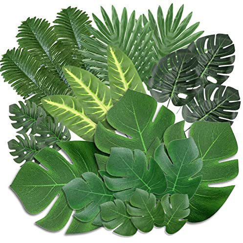 Lot de 100 feuilles de palmier 8 types de feuilles palmier artificielles avec tiges Plante tropicale Feuilles palmier et feuilles monstres Feuilles pour jungle Beach Hawaiian Wedding Party Décoration