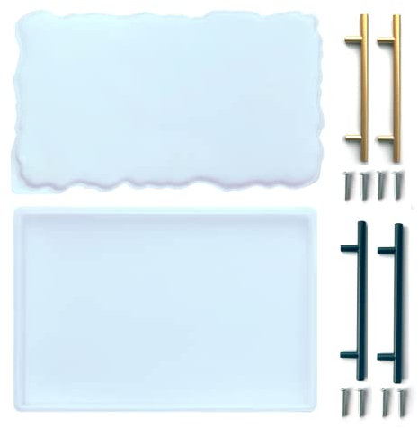 2 Piece 14 inches Large Tray Silicone Molds, Rectangle Silicone Tray Molds for Resin, Large Epoxy Resin Geode Tray Mold with Gold & Black Handles