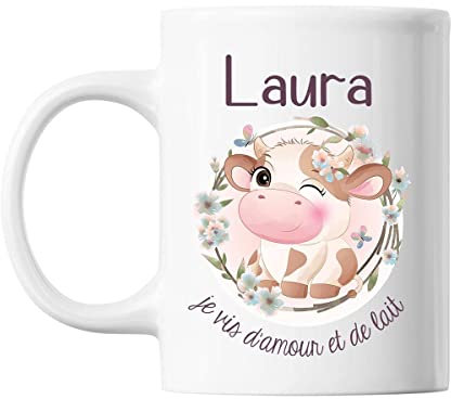 Planetee Mug Laura Amour et Biberon de Lait Vache | Tasse prénom idée cadeau Humour Mignon pour enfant fille | Imprimé en France