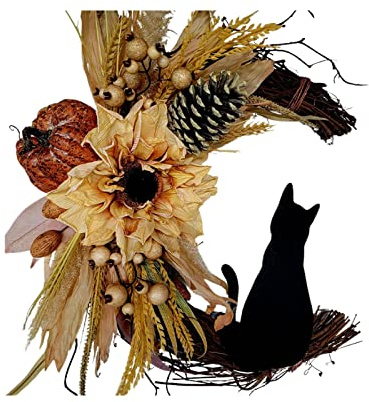 Fotrsta 30 cm Herbst-Ernte-Türkranz, künstlicher Blumenkranz für Haustür, natürliches Rattan, Mondform-Girlande mit schwarzer Mondkatze für Festivaldekoration, A11
