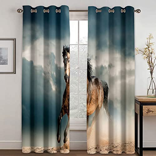ZAPVI Fenster Vorhang Schlaufen-Vorhang 2 Stück x 110 B x 215cm H Dekorative Gardine Schlaufenschal Fenster-SchalGelb & Tier Pferd