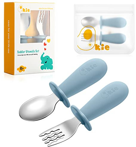 Qkie Couverts pour Enfants - Avec sac de Rangement - Fourchette et Cuillère pour Bébé en Acier Inoxydable - Poignées en Silicone pour Bébé Toutpetit Autoalimentation, Sans BPA, 8 Mois+ (Ether)