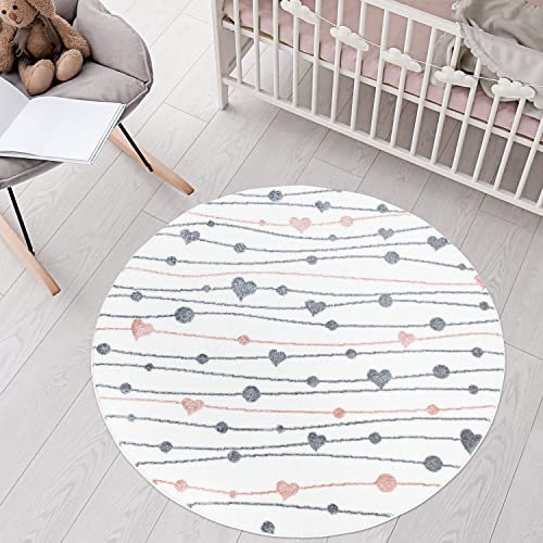 carpet city Teppich Kinderzimmer Herzen - Creme - 160 cm Rund - Kinderteppich Kurzflor mit Punkten, Streifen - Weicher Flor