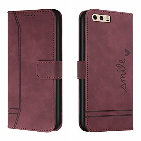 Bravoday Hülle für Huawei P10, PU Ledertasche Handyhülle Flip Schutzhülle Kompatibel mit Huawei P10, mit Kartenfäch & Kickstand, Weinrot