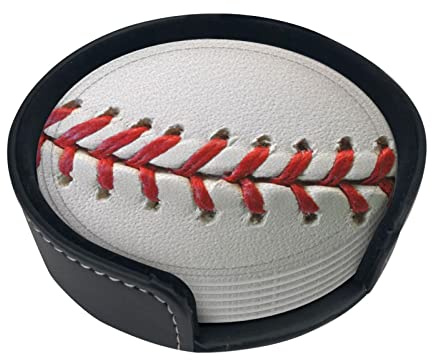TOPUNY Lot de 6 dessous de verre en cuir imprimé ballon de baseball avec boîte de rangement pour protection de table