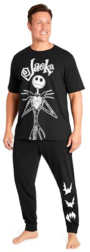 Disney Mens Pyjamas Jack Skellington Donald Duck Grumpy Men's Nightwear Set T-Shirt Long Bottoms PJs M-3XL Loungewear (Black Jack, 3XL)