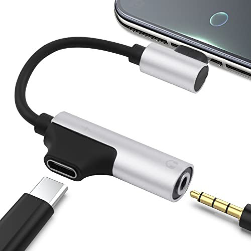 Xivip Right Angle USB C to 3.5mm Headphone and Charger Adapter,2 in 1 USB C to Aux Audio Jack & Fast Charging Dongle Cable Compatible with Pixel 4 3 XL P40 P30 (4.6IN / 11.6CM / Silver)