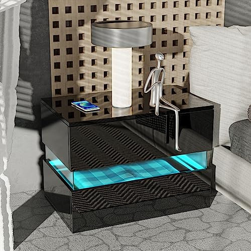 Lvhecforhm Nachttisch Modern Hochglanz Nachttisch, Schwarz Nachtschrank mit 2 Schubladen, Nachttisch mit Großer Kapazität Acryl-Schublade, 61x38x45cm Nachttisch für Schlafzimmer, , HL410523_01
